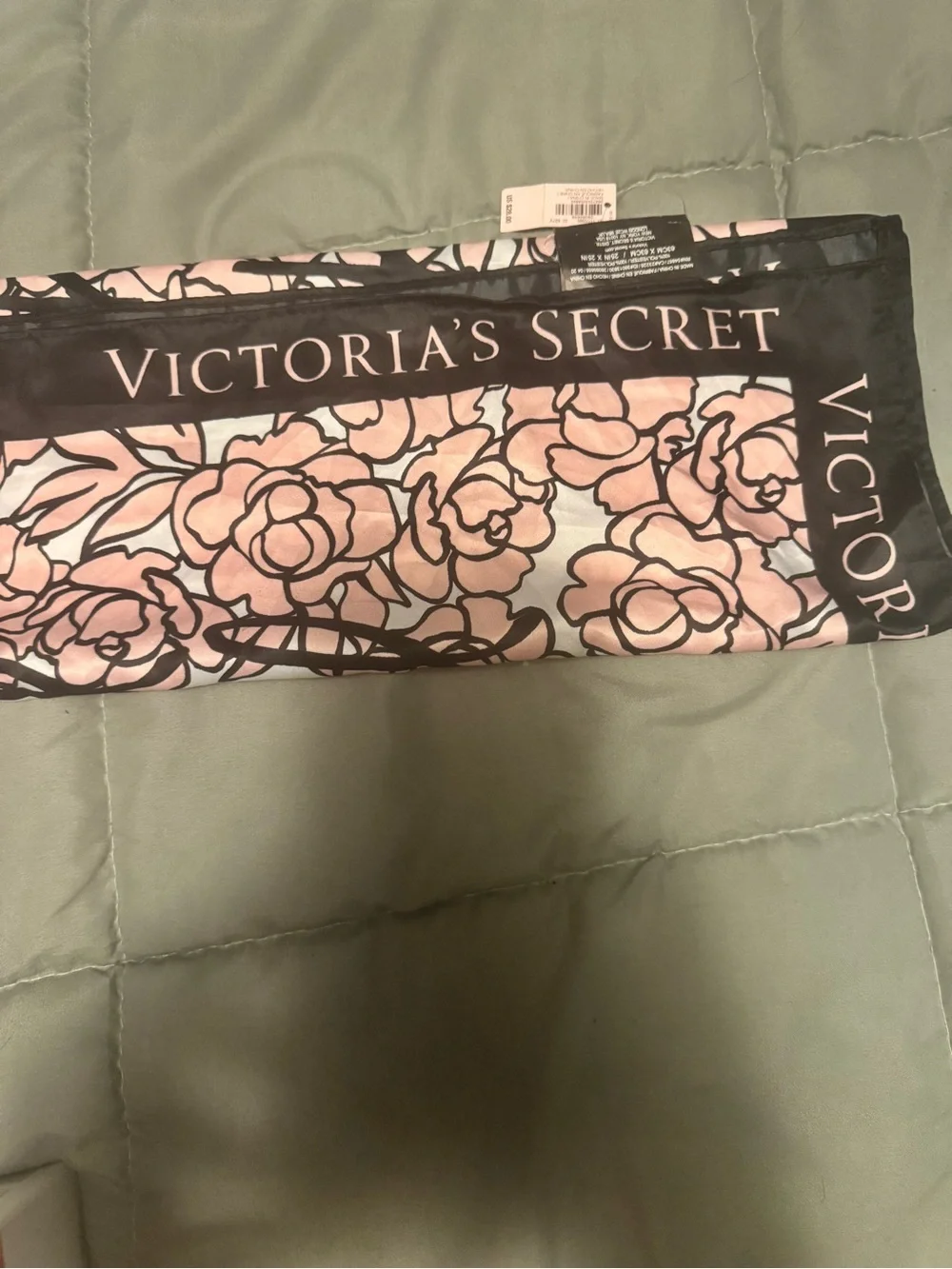 Victoria's Secret Satin Square Scarf Floral Logo Pink Black White 25inches nwt.